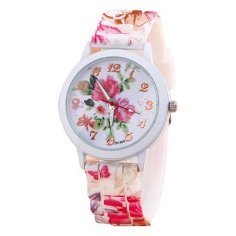 Women Red Flower Printed Silicone Strap Analog Quartz Wrist Watch  