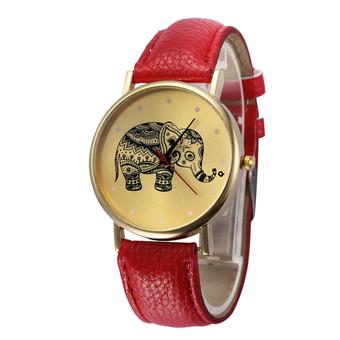 Women Red Pu Leather Band Elephant Patterns Analog Quartz Wrist Watch  