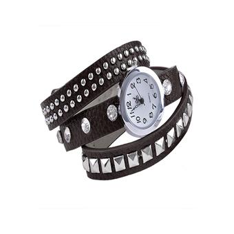 Women Retro Fashion Rivet Synthetic Leather Strap Bracelet Watch (Black)  