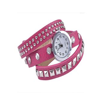 Women Retro Fashion Rivet Synthetic Leather Strap Bracelet Watch (Pink)  