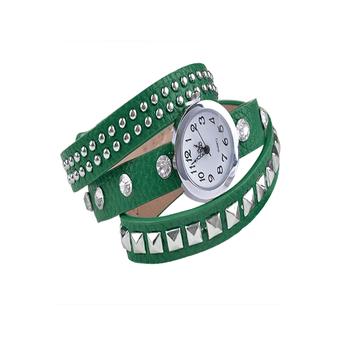 Women Retro Fashion Rivet Synthetic Leather Strap Bracelet Watch (Green)  