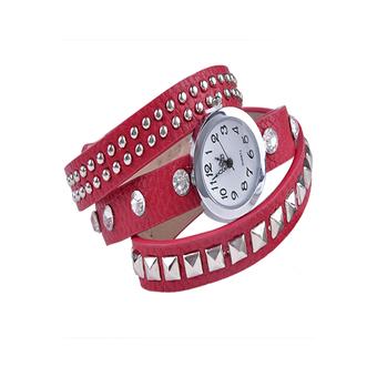 Women Retro Fashion Rivet Synthetic Leather Strap Bracelet Watch (Red)  