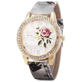 Women Rhinestone Quartz Watch Leather Band Peony Pattern (Grey ) - Intl  