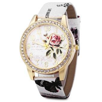 Women Rhinestone Quartz Watch Leather Band Peony Pattern (White) - Intl  