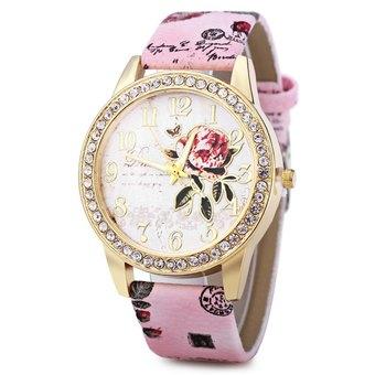 Women Rhinestone Quartz Watch Leather Band Peony Pattern (Pink) - Intl  