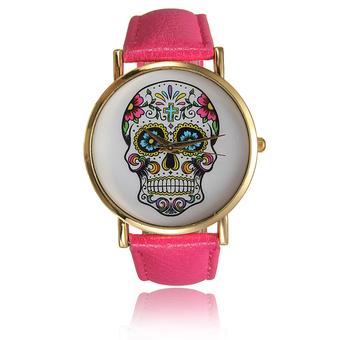 Women Rose Red Leather Skull Quartz Analog Wrist Watch  