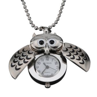 Women Stainless Steel Silver Owl Pattern Quartz Pocket Watch  