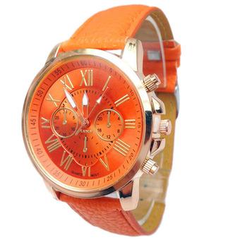 Women Stylish Geneva Numerals Faux Leather Analog Quartz Wrist Watch Orange  