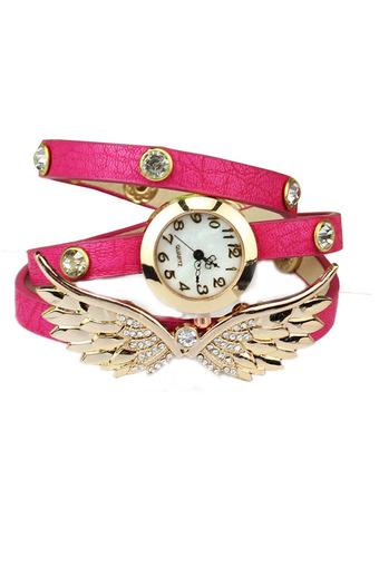 Women Vintage Leather Angel Wings Strap Rivet Bracelet Watch Hot Pink Jam Tangan  