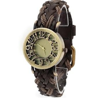 Women Vintage hollow skeleton Quartz Watches Leather Bracelet Watches Braided Women Dress Watches Relogio Feminino brown (Intl)  