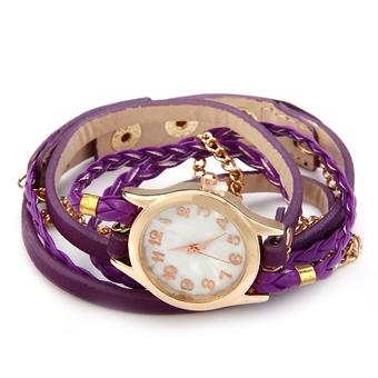 Women Weave Wrap Leather Bracelet Wrist Watch Purple (Intl)  