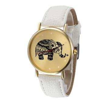 Women White Pu Leather Band Elephant Patterns Analog Quartz Wrist Watch  