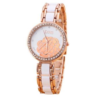 Women White Stainless Steel Flower Bling Crystal Quartz Wrist Watch  