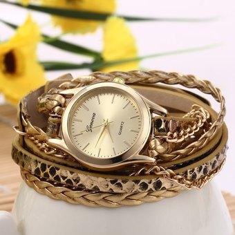 Women Woven Bracelet Quartz Watch Snake Texture Leather Chain GOLDEN (Intl)  