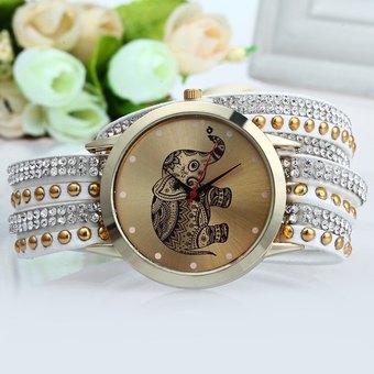 Women Wrist Quartz Watch Elephant Rivet Bracelet Braided Winding Wrap (White) - Intl  