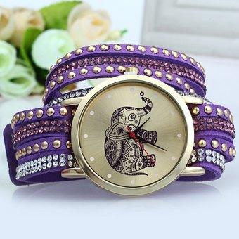 Women Wrist Quartz Watch Elephant Rivet Bracelet Braided Winding Wrap (Purple) - Intl  