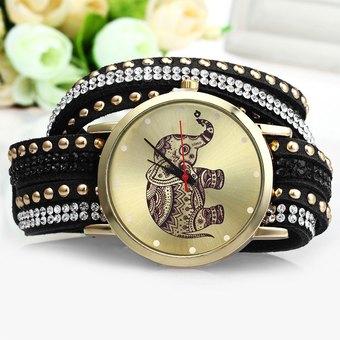 Women Wrist Quartz Watch Elephant Rivet Bracelet Braided Winding Wrap (Black) - Intl  