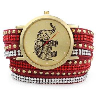 Women Wrist Quartz Watch Elephant Rivet Bracelet Braided Winding Wrap (Red) - Intl  