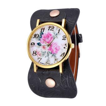 Women's Black Leather Bracelet Strap Watch  