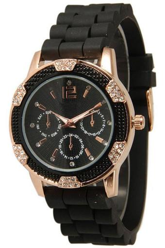 Women's Black Rose Gold Chronograph Silicone with Crystal Rhinestones Black Jam Tangan  