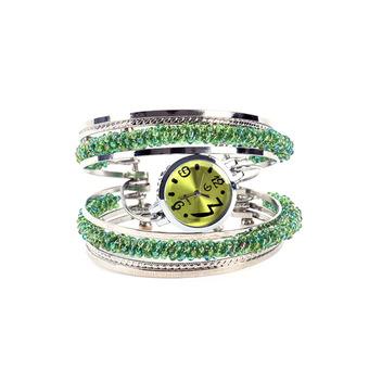 Women's Fashion Crystal Beaded Steel Wire Green Bracelet Bangle Quartz Wrist Watch  