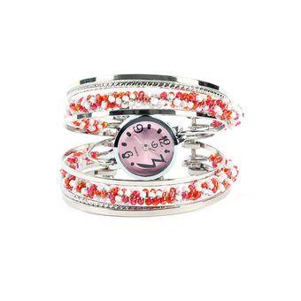 Women's Fashion Crystal Beaded Steel Wire Red Bracelet Bangle Quartz Wrist Watch  