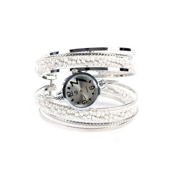 Women's Fashion Crystal Beaded Steel Wire White Bracelet Bangle Quartz Wrist Watch  