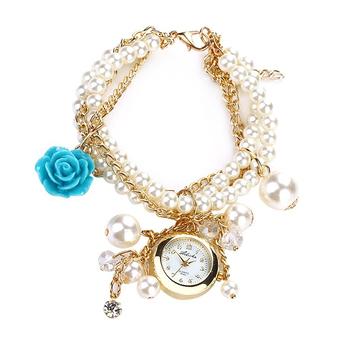 Women's Fashion Faux Pearl Rose Pendant Bracelet Analog Quartz Round Dial Wrist Watch – Blue (Intl)  