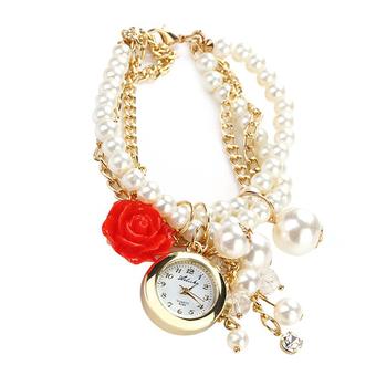 Women's Fashion Faux Pearl Rose Pendant Bracelet Analog Quartz Round Dial Wrist Watch – Red (Intl)  