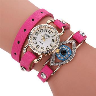 Women's Fashion Multiturn Leather Band Rhinestone Blue Eyes Bracelets Watch LC563 Pink  