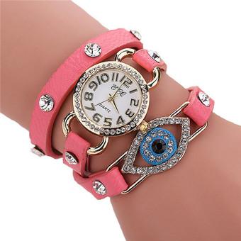 Women's Fashion Multiturn Leather Band Rhinestone Blue Eyes Bracelets Watch LC559 Pink  