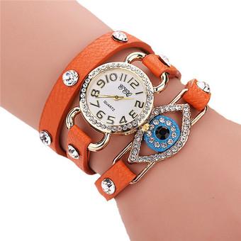 Women's Fashion Multiturn Leather Band Rhinestone Blue Eyes Bracelets Watch LC564 Orange  