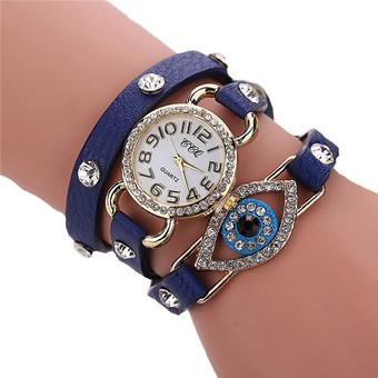 Women's Fashion Multiturn Leather Band Rhinestone Blue Eyes Bracelets Watch LC562 Blue  