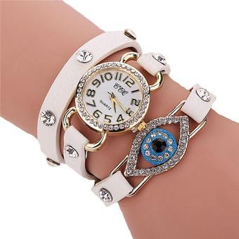 Women's Fashion Multiturn Leather Band Rhinestone Blue Eyes Bracelets Watch LC560 White  