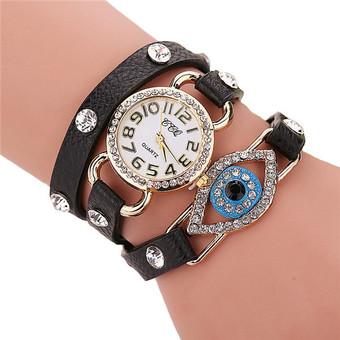 Women's Fashion Multiturn Leather Band Rhinestone Blue Eyes Bracelets Watch L568 Black  