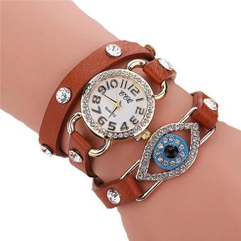 Women's Fashion Multiturn Leather Band Rhinestone Blue Eyes Bracelets Watch L569 Brown  