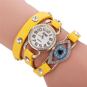 Women's Fashion Multiturn Leather Band Rhinestone Blue Eyes Bracelets Watch L566 Yellow  