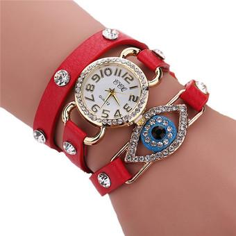 Women's Fashion Multiturn Leather Band Rhinestone Blue Eyes Bracelets Watch LC561 Red  