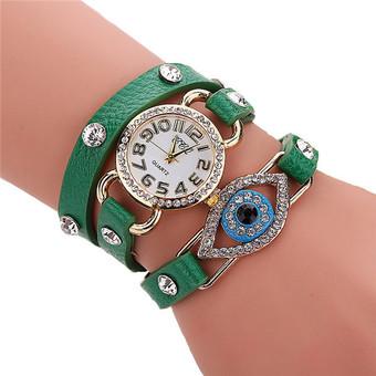 Women's Fashion Multiturn Leather Band Rhinestone Blue Eyes Bracelets Watch L567 Green  