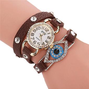 Women's Fashion Multiturn Leather Band Rhinestone Blue Eyes Bracelets Watch L565 Brown  