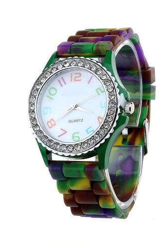 Women's Green Silicone Crystal Strap Watch Jam Tangan  