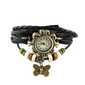 Women's Punk Vintage Leather Strap Copper Butterfly Pendant Bracelets Quartz Watch LACF344 Black  