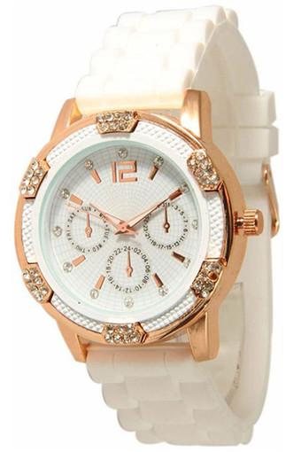 Women's White Rose Gold Chronograph Silicone with Crystal Rhinestones White Jam Tangan  