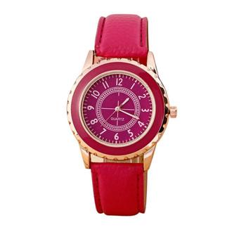 Womens Faux Leather Band Strap Analog Quartz Wrist Watch Red  