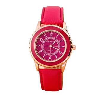 Womens Geneva Faux Leather Band Strap Analog Quartz Wrist Watch (Red)  