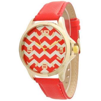 Womens Geneva Gold Trim Chevron Leather Watch (Red)- Intl  