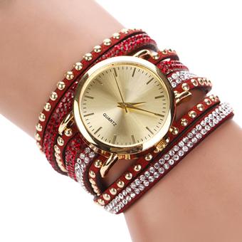 Womens Vogue Geneva Faux Suede Rivets Rhinestone Multi-Wrap Wrist Watch Red (Intl)  