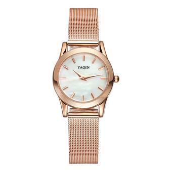 YAQIN Fashion Top Luxury Brand Women Dress Watches Rhinestone Shell Dial Ladies Mesh Steel Band High Quality Quartz Watch--Rose Gold White  