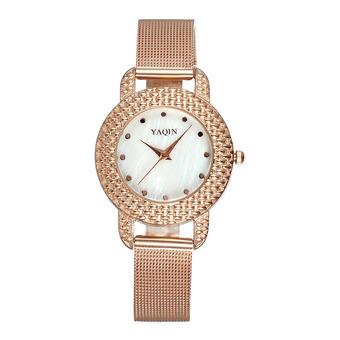 Yaqin Brand Colorful Shell Dial Mesh Steel Band Watches Women Luxury Fashion Quartz Analog Dress Watch Silver Relogio Feminino--Rose Gold White  