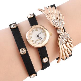 Yika Fashion Angel Wings Rhinestone-studded Leather Ladies Quartz Watches (Black) (Intl)  